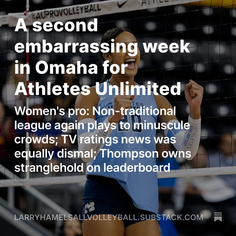 Crowds again numbered in the hundreds for Athletes Unlimited. All Volleyball! ferreted out some TV numbers and they were terrible: Only 8,000 and 3,000 ESPNU viewers watched AU matches on Sunday, Oct. 5. Click on the link:
open.substack.com/pub/larryhamel…