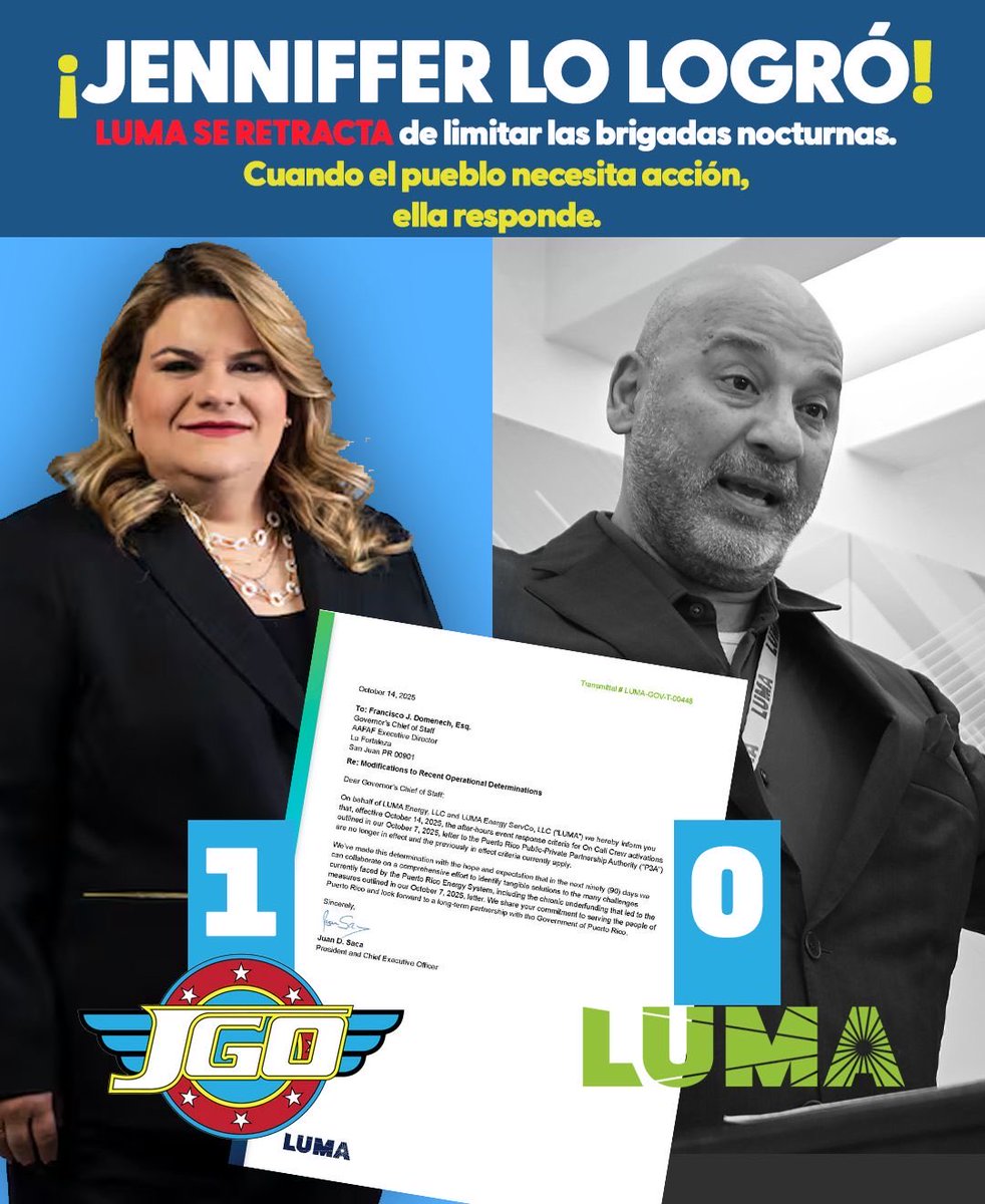 💡 Compromiso y acción por Puerto Rico

Gracias al reclamo y gestión de la gobernadora <a href="/Jenniffer/">Jenniffer González</a> González Colón, LUMA Energy dejó sin efecto su decisión de limitar las brigadas nocturnas.

Esta determinación garantiza la continuidad de los trabajos esenciales de servicio