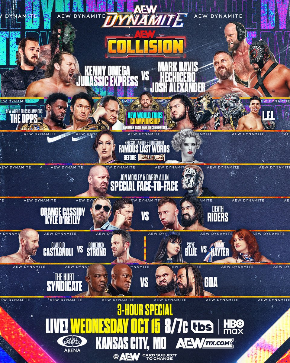 QTMarshall's tweet image. Tomorrow Night! A huge 3-Hour
#AEWDynamite + #AEWCollision
From Kansas City and LIVE Broadcast
8pm ET / 7pm CT, TBS + HBO Max
to lead into #Wrestledream