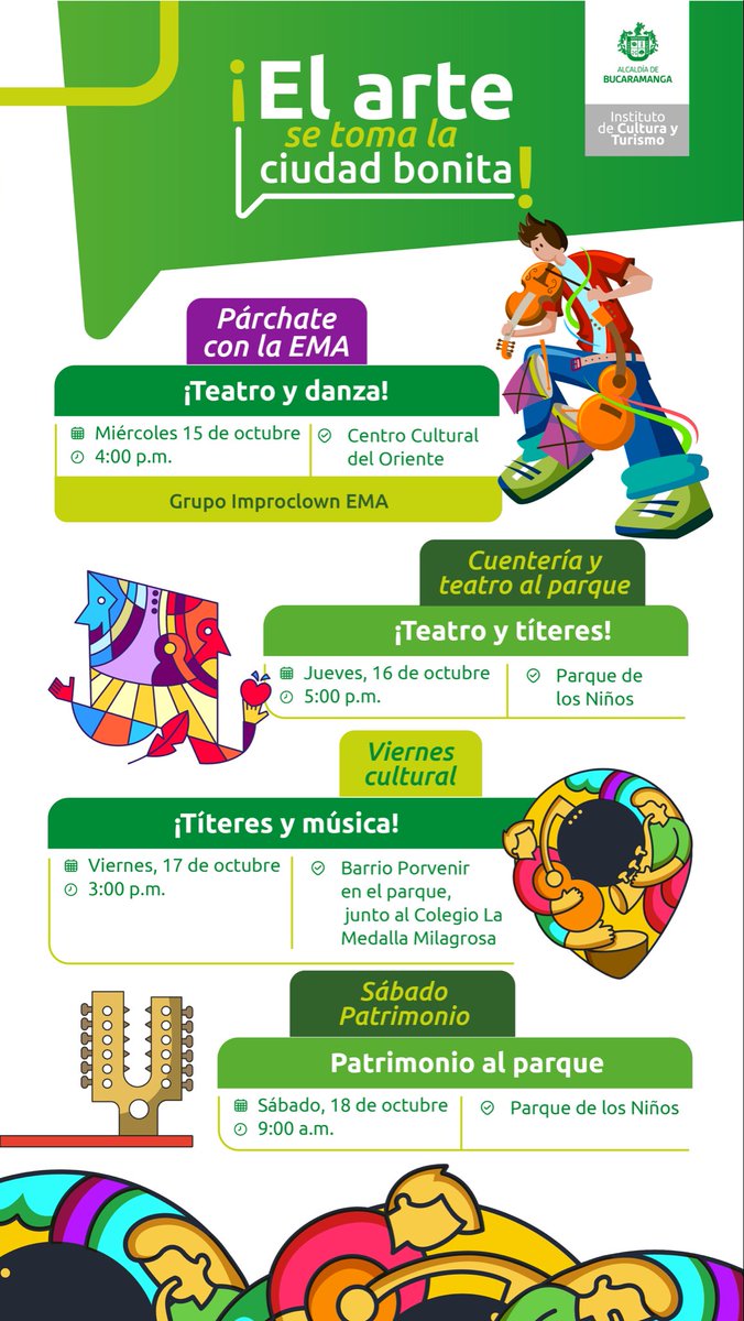 ➡️ ¡Ya está la agenda cultural de la semana! 🤩 Teatro, danza, cuenteros, títeres, música y un derroche de cultura, porque ¡el arte se toma la ciudad bonita! 🌇🌃

¡Todos agendados, imperdible! 😁🎭🎨👩‍🎨