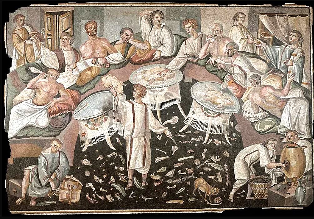 unswept floor mosaic Roman party scene