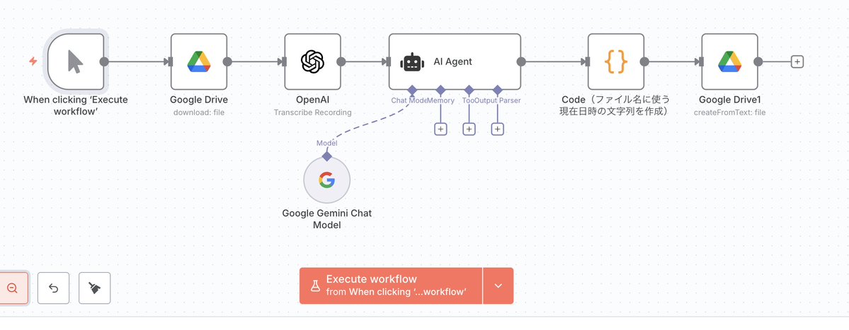 議事録作成にどれくらいの時間を費やしていますか？このn8nのワークフローを使えば、10分にかからず、会議の録音データから議事録(決定事項、アクションアイテム、議事内容など)が作成できます。日本でもn8nが流行ってほしいなあ。