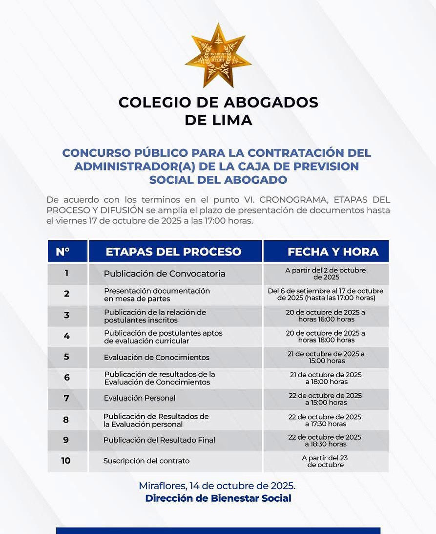 📢 #AVISO | Ampliación del plazo de presentación de documentos – Concurso Público

El Colegio de Abogados de Lima, a través de la Dirección de Bienestar Social, informa a los agremiados y al público interesado que, conforme al cronograma del proceso de selección, se amplía el