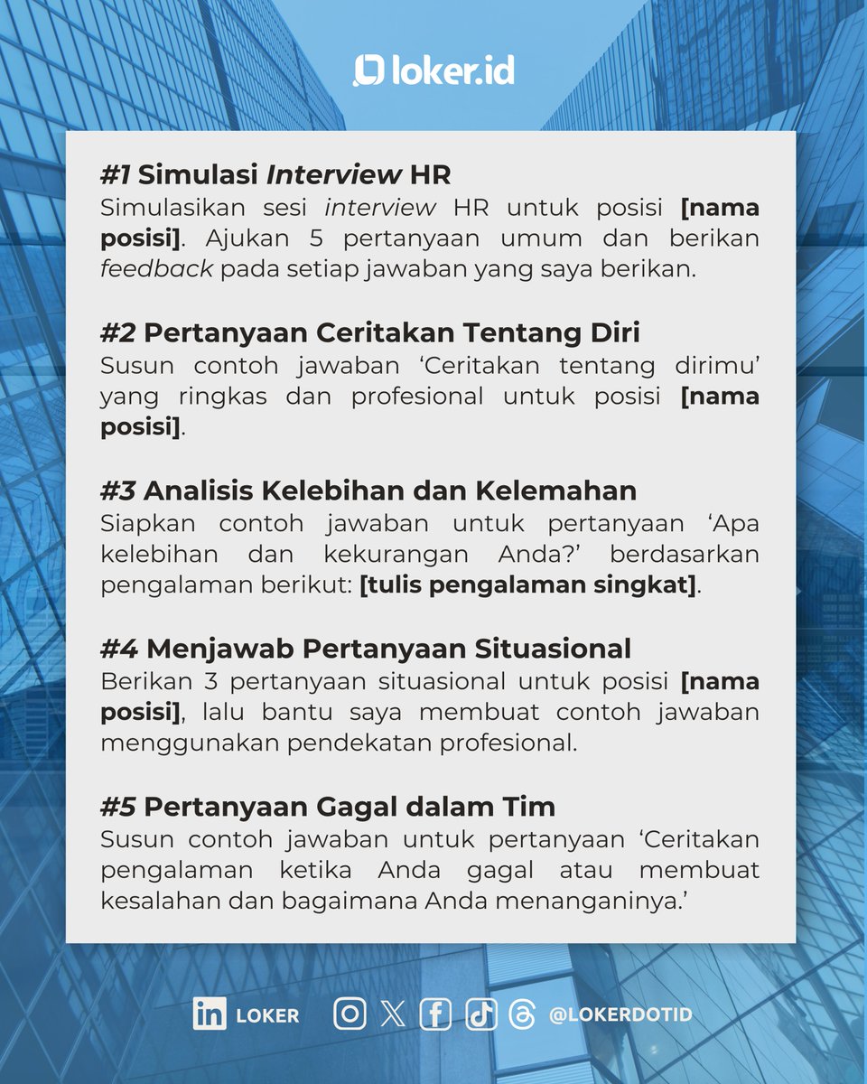 lokerdotid's tweet image. Selalu deg-degan tiap mau interview itu wajar banget, tapi sekarang kamu bisa latihan duluan bareng ChatGPT! Cobain deh 5 prompt ini buat simulasi interview kamu.🫡