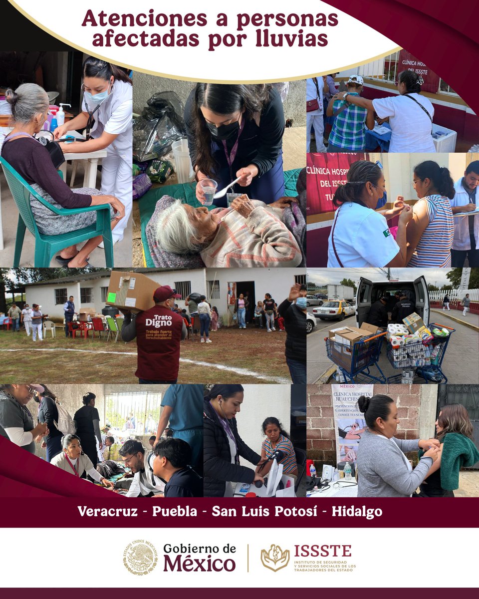 ISSSTE_mx's tweet image. En el ISSSTE actuamos con solidaridad y humanismo. 🫂
Ante las fuertes lluvias registradas en los últimos días en el país, estamos desplegando cerca de 200 brigadas para atender a la población en Veracruz, San Luis Potosí, Puebla, Querétaro e Hidalgo, brindando atención médica y…
