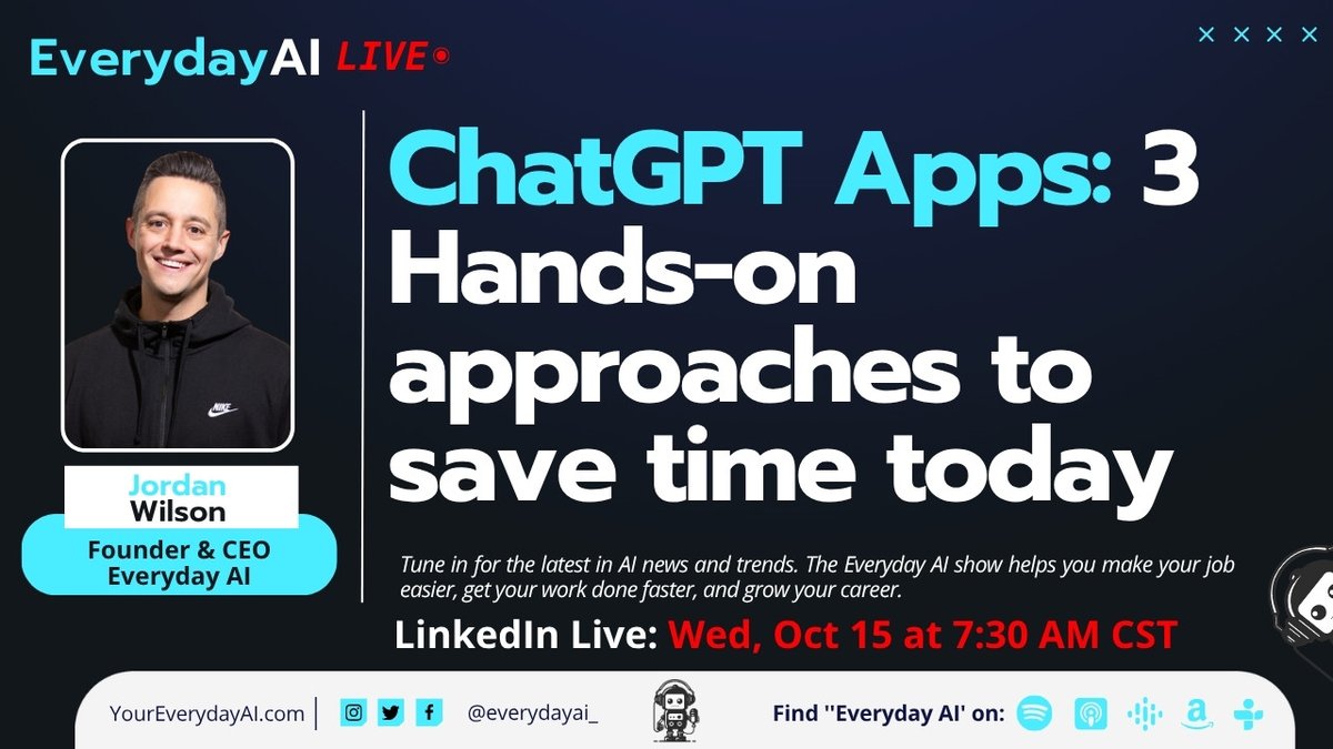 EverydayAI_'s tweet photo. You haven't used ChatGPT's Apps yet? 🫠

Oh.... you like wasting time? 

Even for free users, ChatGPT rolled out its new Apps mode that promises to shift the future of work. 

Don't know how to work it? Don't know where to start? 

Join us as we share 3 practical ways to start saving time today. 

ChatGPT Apps: 3 Hands-on approaches to save time today -- An Everyday AI Chat with Jordan Wilson