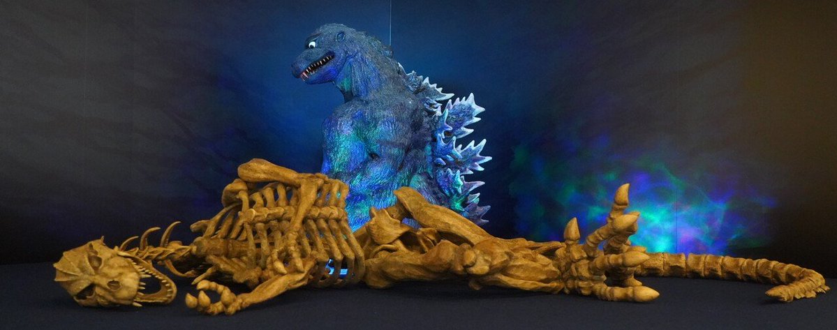 M3S0soic's tweet image. A photo of the actual props used in Godzilla Against Mechagodzilla that I felt was interesting because it looks like Godzilla's spirit is contemplating his own body.