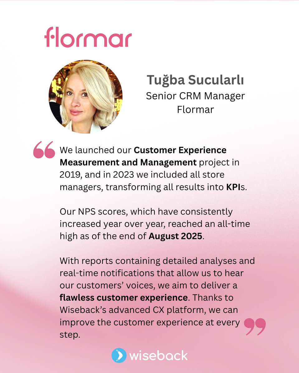 wiseback's tweet image. 🩷 Stronger Every Year: +65% in NPS!
With Wiseback’s CX project, @FlormarTurkiye  achieved a 10.8% avg. annual NPS growth, reaching +65% total increase.
🤝 Let’s build your next CX success story — contact our team today.
#CustomerExperience #CX #NPS #Wiseback #Flormar