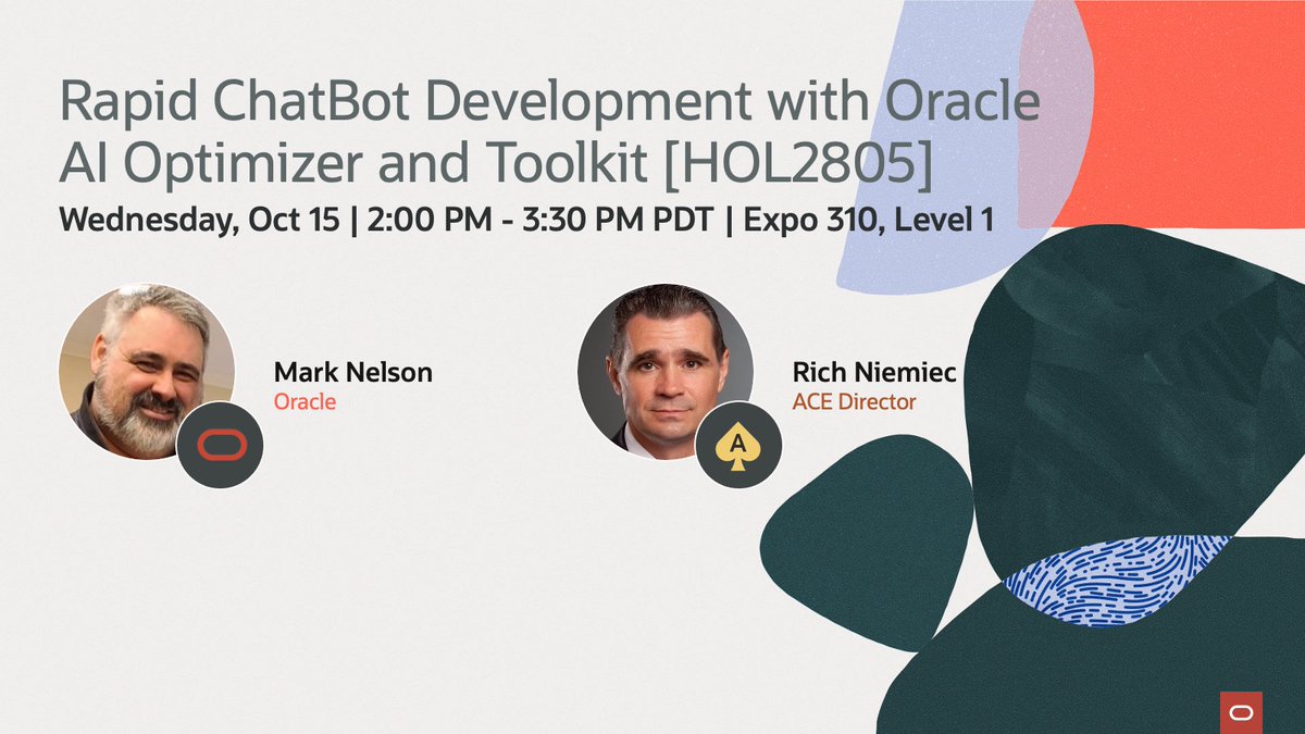 oracleace's tweet image. Ready to build smarter chatbots at #AIWorld Las Vegas? 🤖 
Don’t miss our hands-on lab: Rapid ChatBot Development with Oracle AI Optimizer and Toolkit [HOL2805]!  

Work side-by-side with Oracle ACE Director @RichNiemiec and Oracle experts to: 
🔹 Experiment with LLMs &amp;amp;…