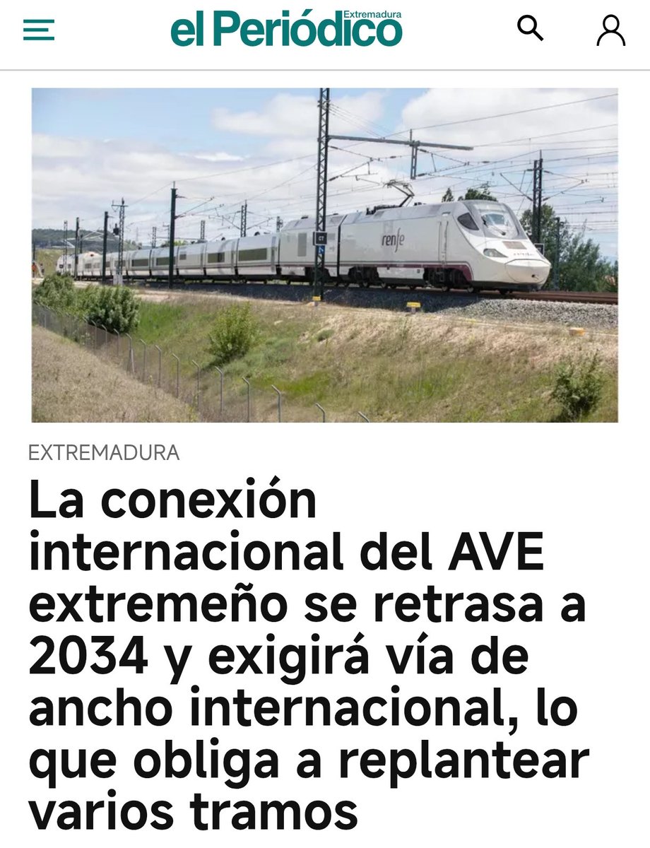 Nos vamos a 2034. Es absolutamente insoportable.
Y la consecuencia de que "alguien" pasará la línea "internacional" por Navalmoral, Plasencia, Cáceres, Mérida y Badajoz buscando votos.
Ahora Portugal no quiere "enganchar" con un ferrocarril regional para llegar a Europa. Normal.