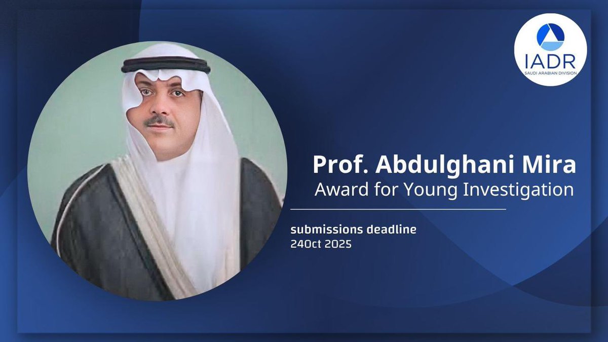 Awards:
Plaque
Cash prize
Lecture at SIDC
Round-trip ticket &amp; accommodation.

Eligibility:
•Previous winners may reapply after 3 years
•Last year’s winners may apply for a different award with new work
•Applicant must be an active IADR Saudi Division member