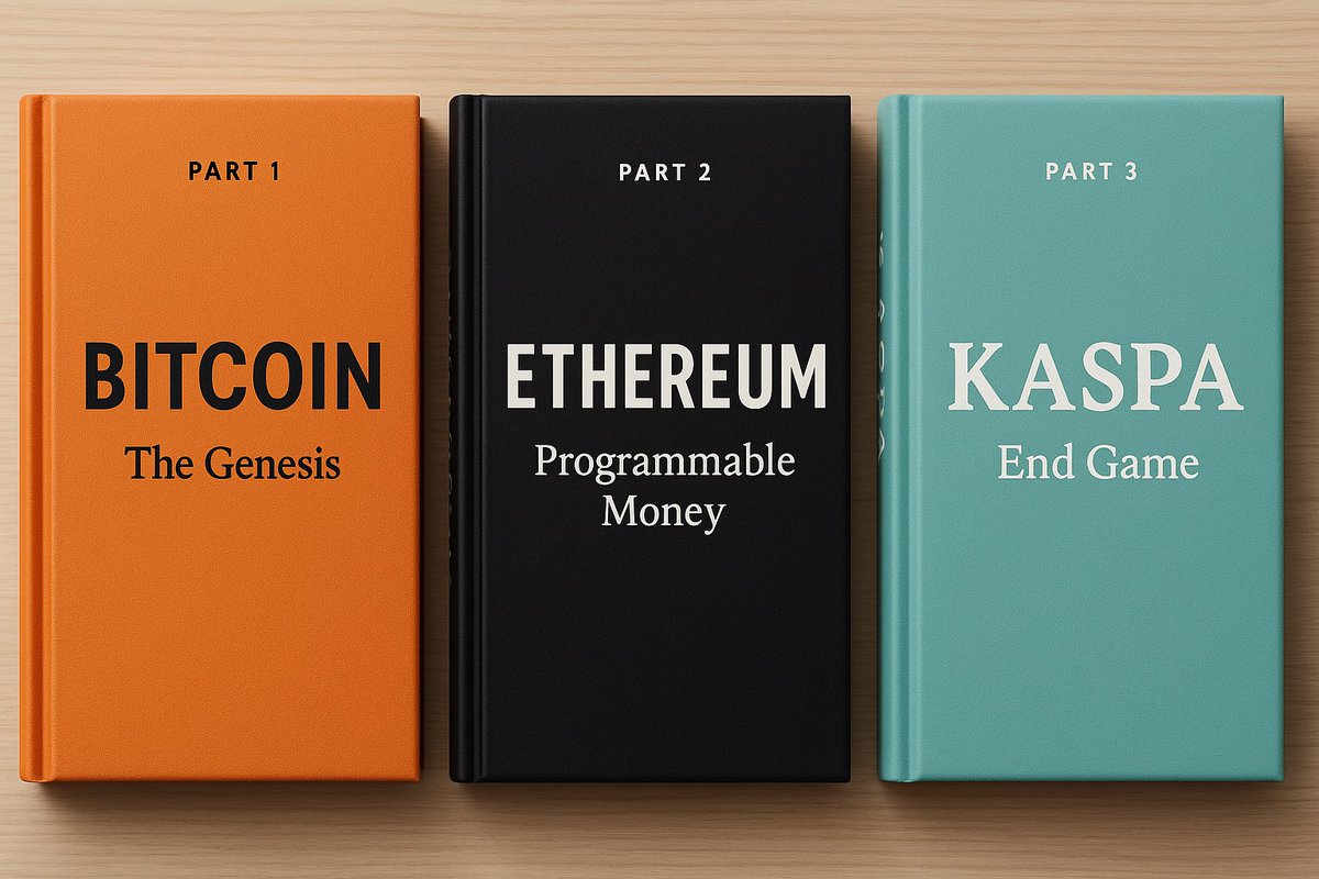 Three books that defined the entire crypto era:

📘 Part 1 – Bitcoin: The Genesis
📗 Part 2 – Ethereum: Programmable Money
📙 Part 3 – Kaspa: End Game

From the birth of digital gold,
to the rise of programmable finance,
to the final evolution of Proof-of-Work.

#Kaspa $KAS $BTC