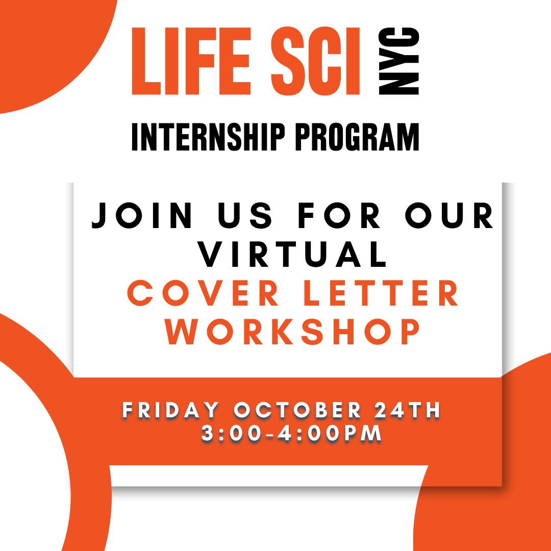 The LifeSci NYC Internship Program invites you to our virtual Cover Letter Workshop on Friday, October 24th from 3-4PM!

Register at lnkd.in/e4tJkBCH

We hope to see you there!