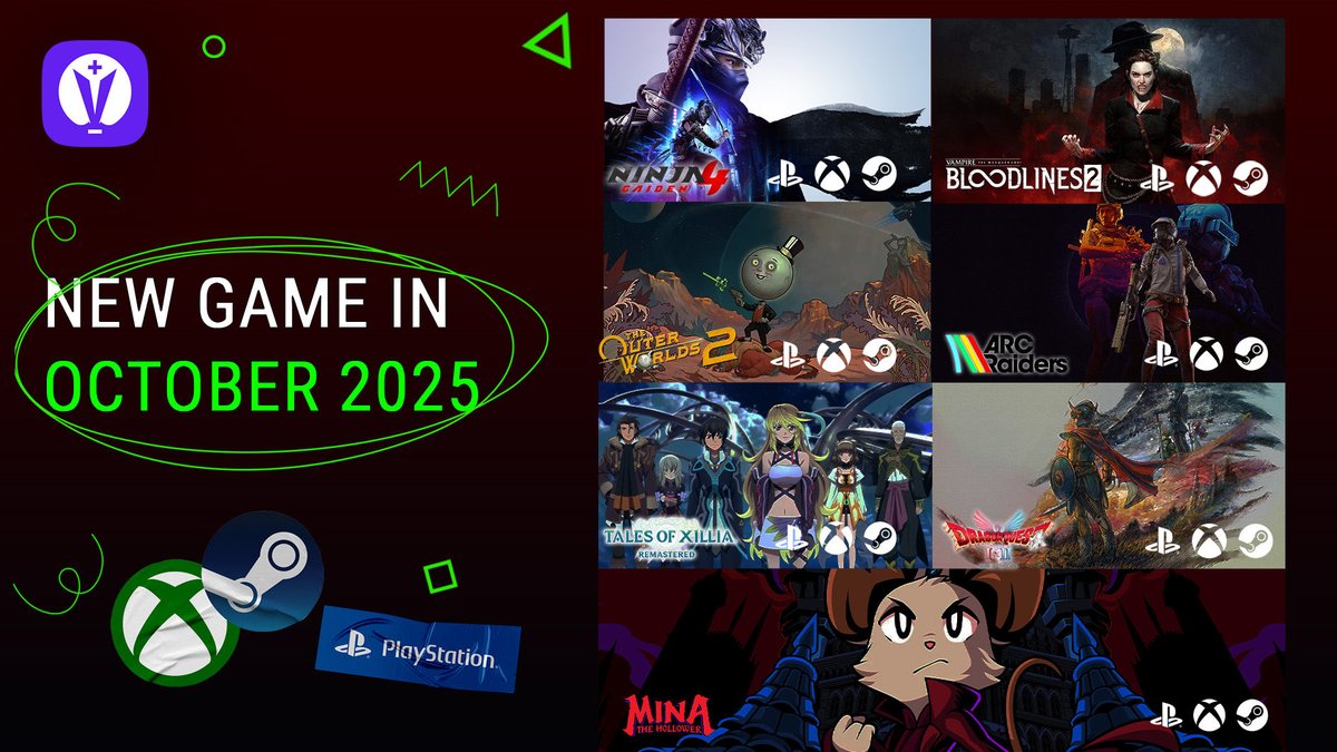 Lobby9_'s tweet image. 🎮🔥 TOP GAME RELEASES OF OCTOBER 2025 🔥🎮
⚔️ Ninja Gaiden 4 – Oct 21
🩸 Vampire: The Masquerade – Bloodlines 2 – Oct 21
🚨 Dispatch – Oct 22
🎠 Once Upon a Katamari – Oct 24
🪐 The Outer Worlds 2 – Oct 29
⚡️ ARC Raiders – Oct 30
🐉 Dragon Quest I & II HD-2D Remake – Oct 30
🌌…