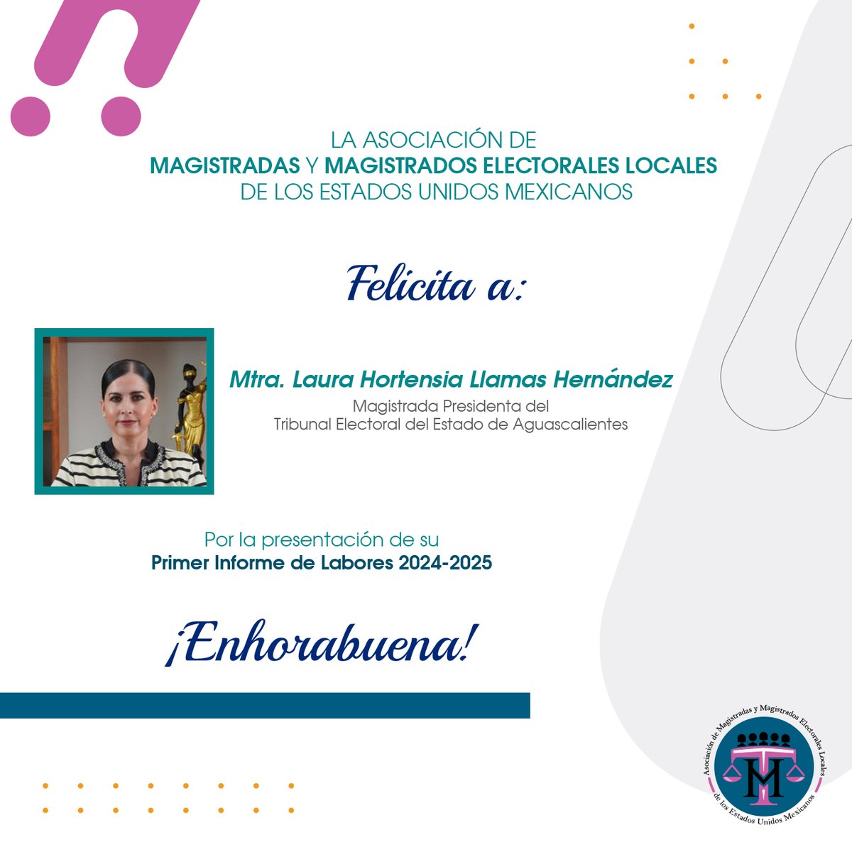🎉 La Asociación de Magistradas y Magistrados Electorales #AMMEL felicita a nuestra asociada: Mtra. Laura Hortensia Llamas Hernández <a href="/LauraLlamasHer1/">Magda Laura Llamas</a>, Magistrada Presidenta del Tribunal Electoral del Estado de Aguascalientes <a href="/Teea_ags/">Tribunal Electoral del Estado de Aguascalientes</a> por la presentación de su 1er. Informe de