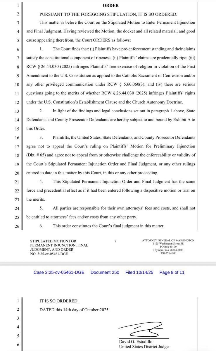 AAGDhillon's tweet image. 💥 Boom! A federal judge in WA has entered a permanent injunction prohibiting WA from enforcing SB 5375, which would have infringed Catholic priests’ free exercise of religion, piercing the priests’ penitent privilege.
@CivilRights will always stand firm defending the 1A rights…