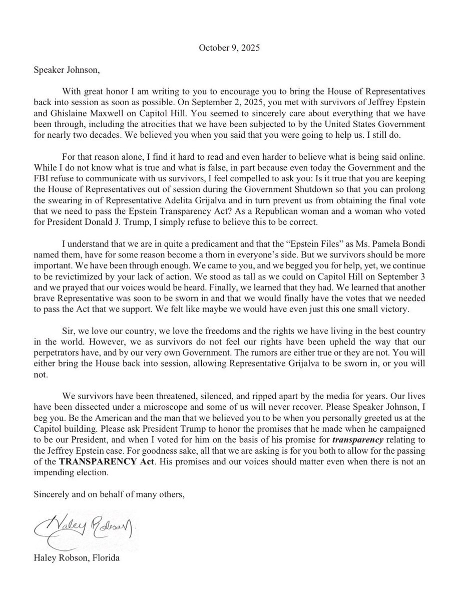 Haley Robson, a survivor of Epstein’s abuse — and a Trump voter — asked Speaker Johnson if he’s keeping the House out of session to delay <a href="/RepThomasMassie/">Thomas Massie</a> &amp; my bill to release the files. She hasn’t gotten a response. 

This isn’t about politics. It’s about justice for survivors.