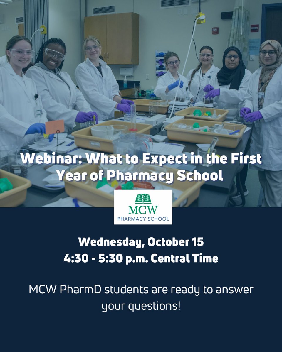There's still time to register for our webinar featuring current MCW #PharmD students! 

What to Expect in the First Year of Pharmacy School 
🗓 Wed. October 15
⏰ 4:30 p.m. Central Time
📱 Webinar

Register: admissions.mcw.edu/register/?id=7…

#Pharmacy #PharmacySchool #PharmacyStudent