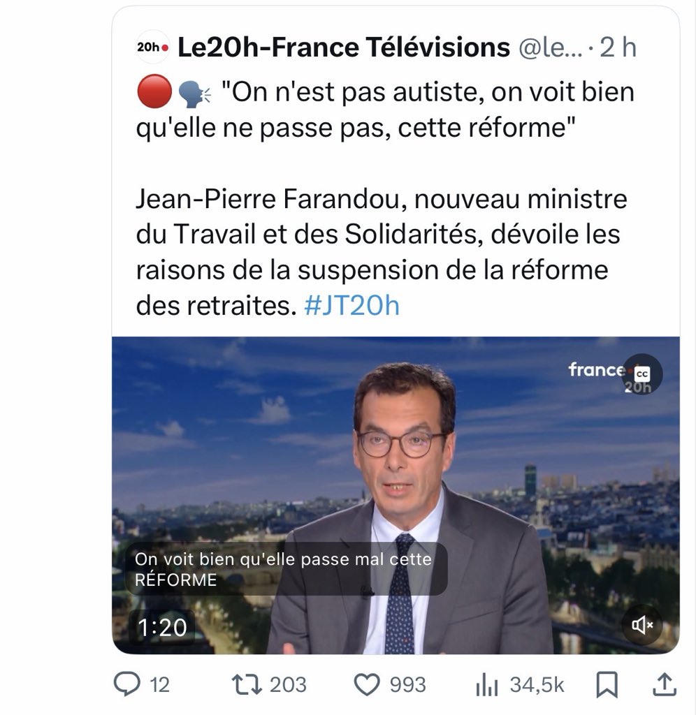 France 2 supprime un tweet où le « ministre » du Travail et des Solidarités se moquait des autistes pour sa première intervention publique. 

CENSURE.