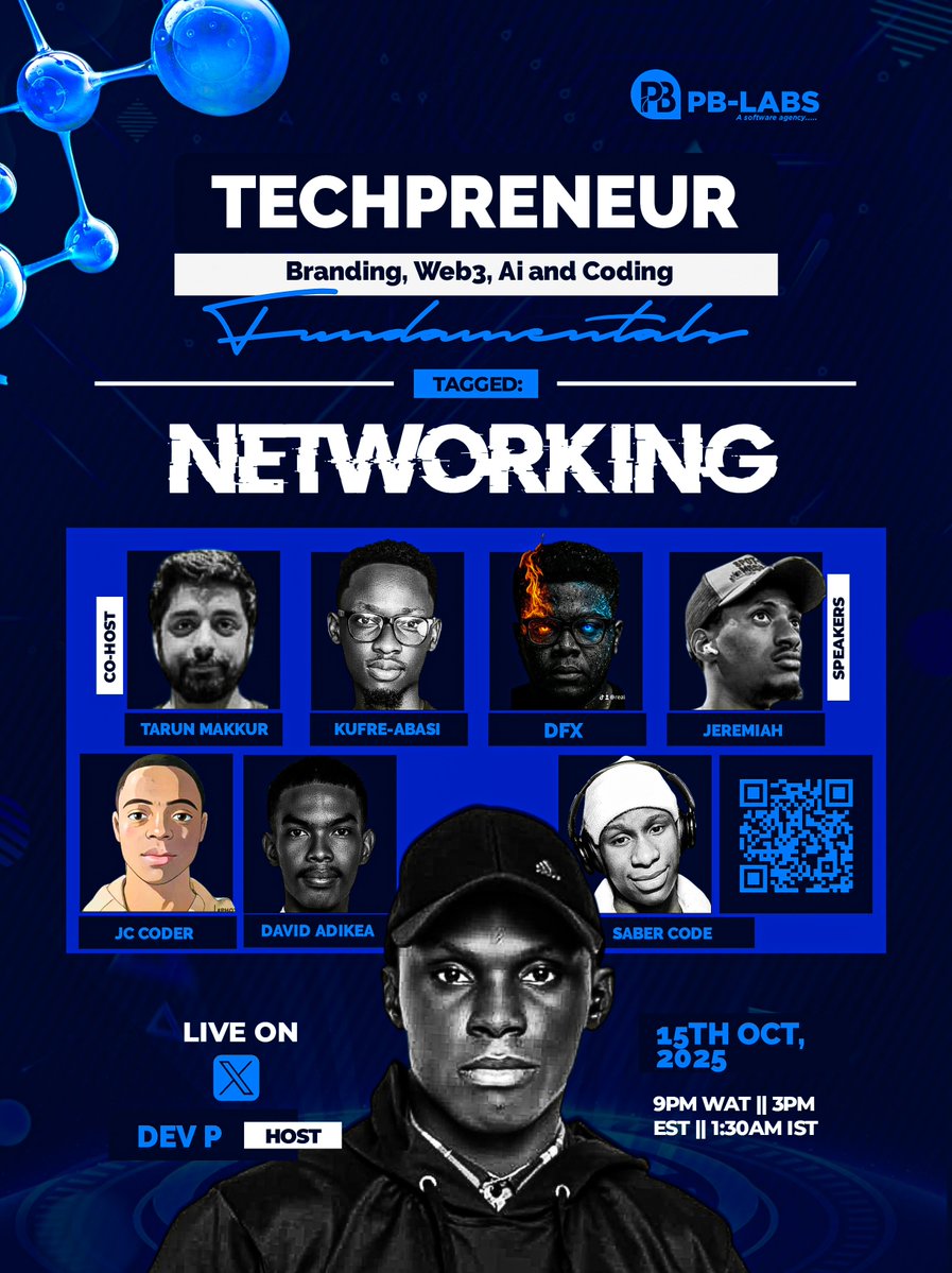 DevP_B's tweet image. 🚀 Join us on Twitter Space as we dive into the world of Techpreneurship, Web3, AI, Branding, and Coding Fundamentals!
🎯 Subtopic: Networking — Your Gateway to Growth
Let’s connect, learn, and build connections
🗓️ 15/10/2025
🎙️ Don’t miss out! #Web3 #AI #Networking #Coding