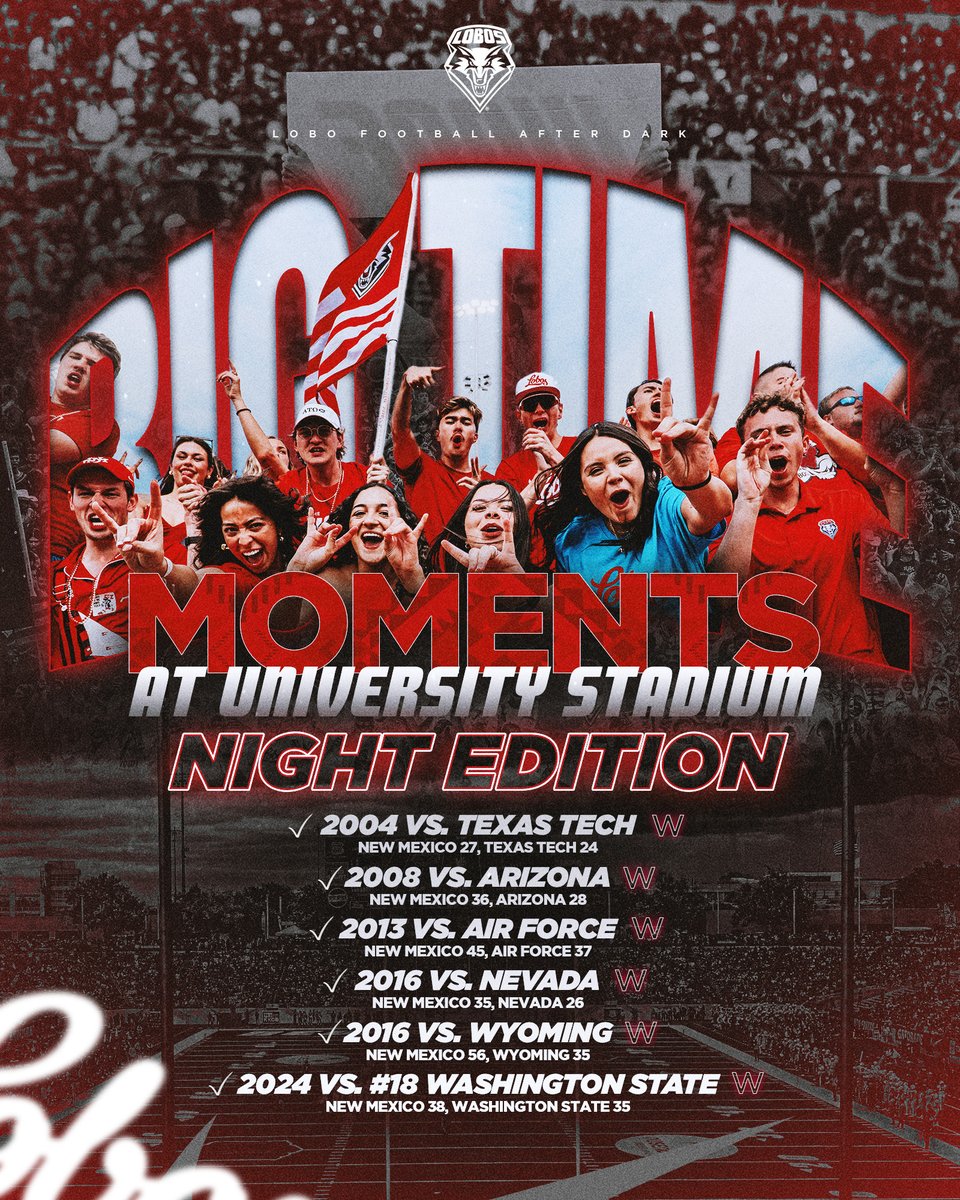 🌕Lobo Football After Dark 🌕
BIG TIME moments happen under the lights at University Stadium.
Be there Saturday at 7:45 PM when the Lobos take on Nevada. 🐺
🎟️ loom.ly/7kefXUQ