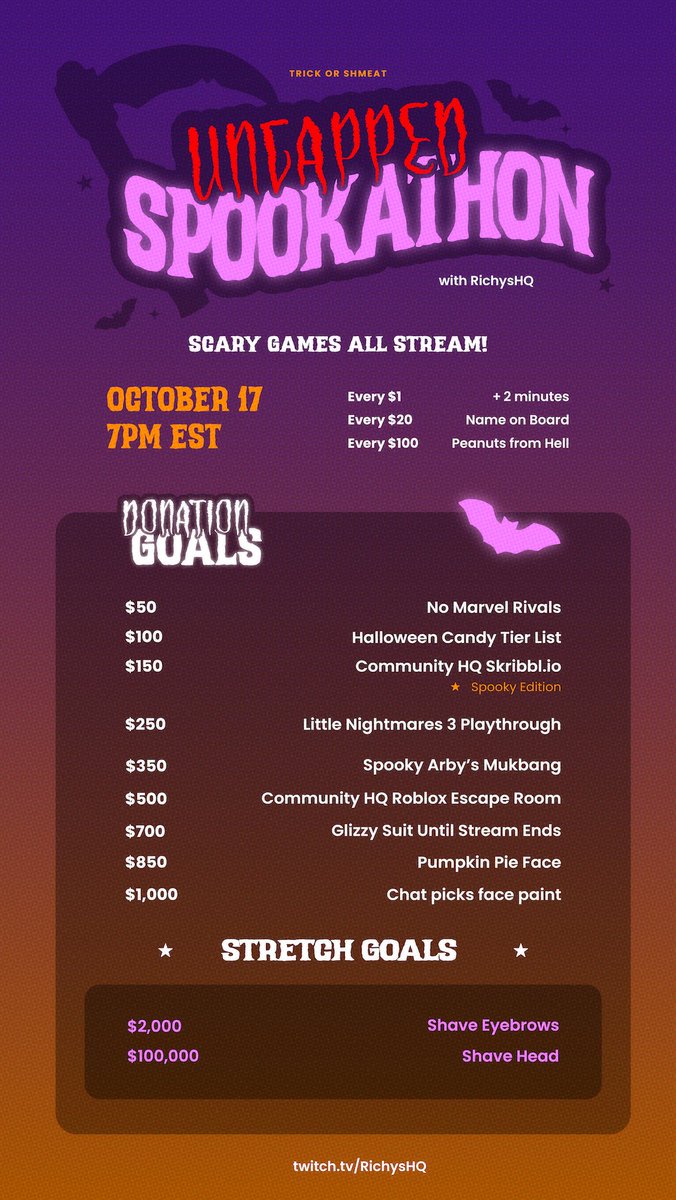 TRICK OR SHMEAT 🎃

Another Halloween, Another Spookathon! Be there for scary community games, spooky games all stream, challenges, and more! 

It's gonna get real spooky in the HQ so make sure to bring a flashlight 😈

OCT 17TH @ 7PM EST (I don't get scared)