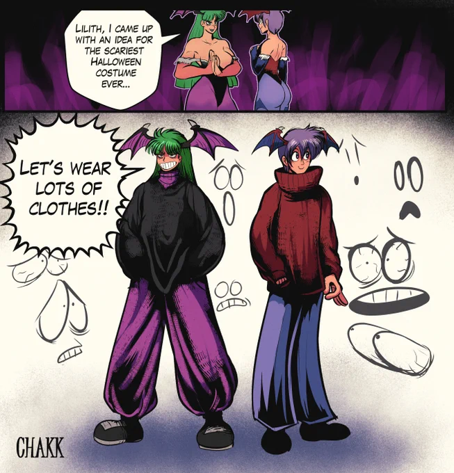 Since it's spooky month, Morrigan want to scare everyone. 