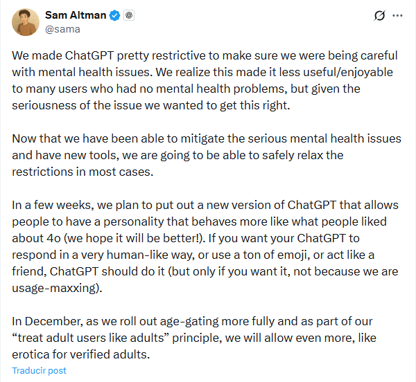 .<a href="/OpenAI/">OpenAI</a> permitirá a adultos usar #ChatGPT para contenido erótico a partir de diciembre, con controles parentales y verificación de edad. Sam Altman busca un equilibrio entre seguridad y libertad para usuarios responsables. Un paso hacia más autonomía para mayores de edad.