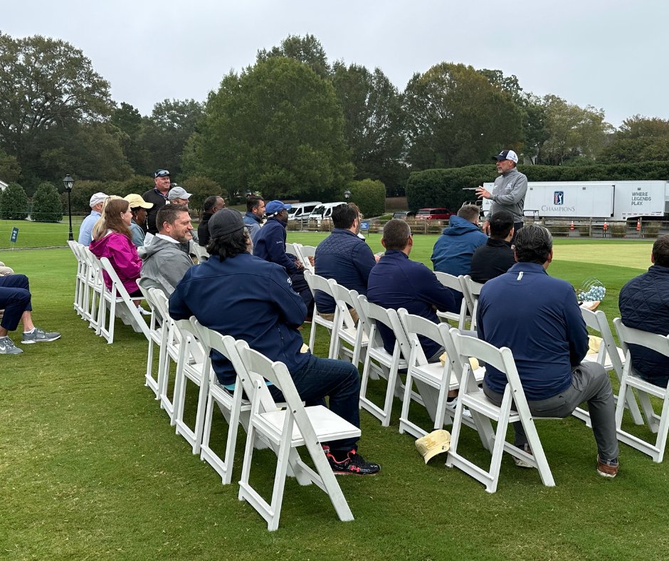 kftchampionship's tweet photo. The weather might have been a bit gloomy, but our friends from @DominionEnergy showed up and showed out for this morning's player demo with @ChampionsTour Pro Doug Barron. Special thanks to Doug for sharing his tips and insights with the group this AM! β³οΈπ #DECCGOLF https://t.co/BvIoKuKk4s