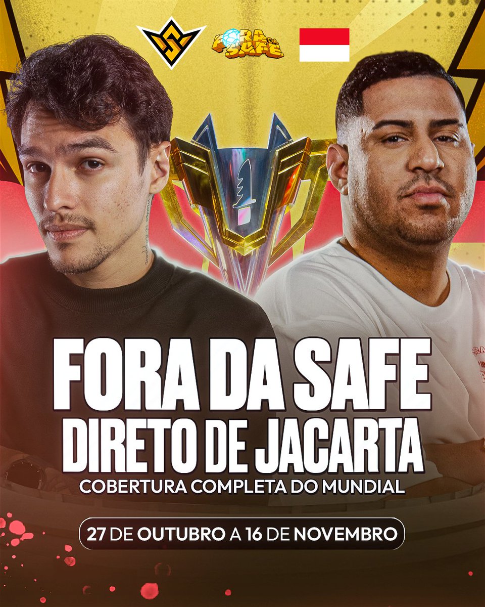 foradasafe's tweet image. O pedido de vocês 🫵🏻 foi atendido! O FORA DA SAFE VAI ESTAR PRESENTE NO MUNDIAL DE FREE FIRE EM JACARTA✈️🌎! 

Cobertura completa do evento de 27 de outubro à 16 de novembro. Ei Indonésia, lá vamos nós... 🤪🇮🇩