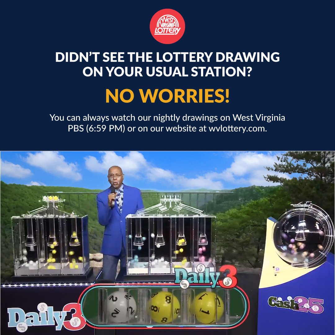 📺Didn’t see the Lottery drawing on your usual station? No worries! 

👍You can always watch our nightly drawings on West Virginia PBS (6:59 PM) or on our website linked below:

wvlottery.com/news-and-winni…

#PlayWVLottery