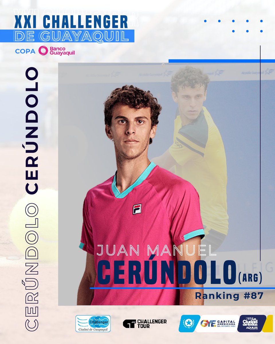 Challenger de Guayaquil (@challengye05) on Twitter photo Juan Manuel Cerúndolo 🇦🇷 es otra de las figuras que estará este año en Guayaquil 🎾.
#87 del mundo, cuenta con un torneo ATP 250 y 11 títulos Challenger. Este año fue finalista en el ATP 250 de Gstaad.
➡️ XXI Challenger de Guayaquil <a href="/BancoGuayaquil/">Banco Guayaquil</a> auspiciado por <a href="/alcaldiagye/">Muy Ilustre Municipalidad de Guayaquil</a> Juan Manuel Cerúndolo 🇦🇷 es otra de las figuras que estará este año en Guayaquil 🎾.
#87 del mundo, cuenta con un torneo ATP 250 y 11 títulos Challenger. Este año fue finalista en el ATP 250 de Gstaad.
➡️ XXI Challenger de Guayaquil <a href="/BancoGuayaquil/">Banco Guayaquil</a> auspiciado por <a href="/alcaldiagye/">Muy Ilustre Municipalidad de Guayaquil</a>