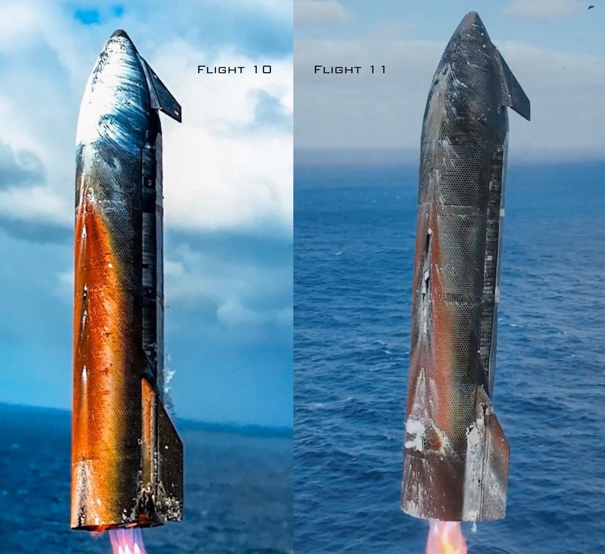 teslaownersSV's tweet photo. Amazing contrast from Starship Flight 10 &amp; Flight 11

Shout out to "the bakery" 🔥 https://t.co/cWppRhFQXh