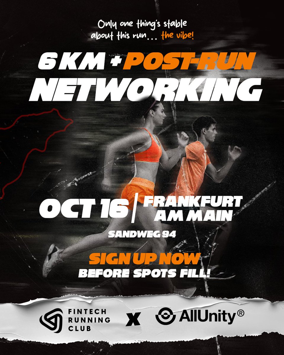 AllUnityStable's tweet image. 👟 Lace up with @AllUnityStable — FinTech Runners x Stable Run Club
Join us for an evening run and casual networking for the fintech community in Frankfurt.
🗓 16 Oct 2025 | ⏰ 19:30–20:30
📍 Sandweg 94, Frankfurt am Main
🏃 Group run or walk, all levels welcome
🤝 Drop-in…