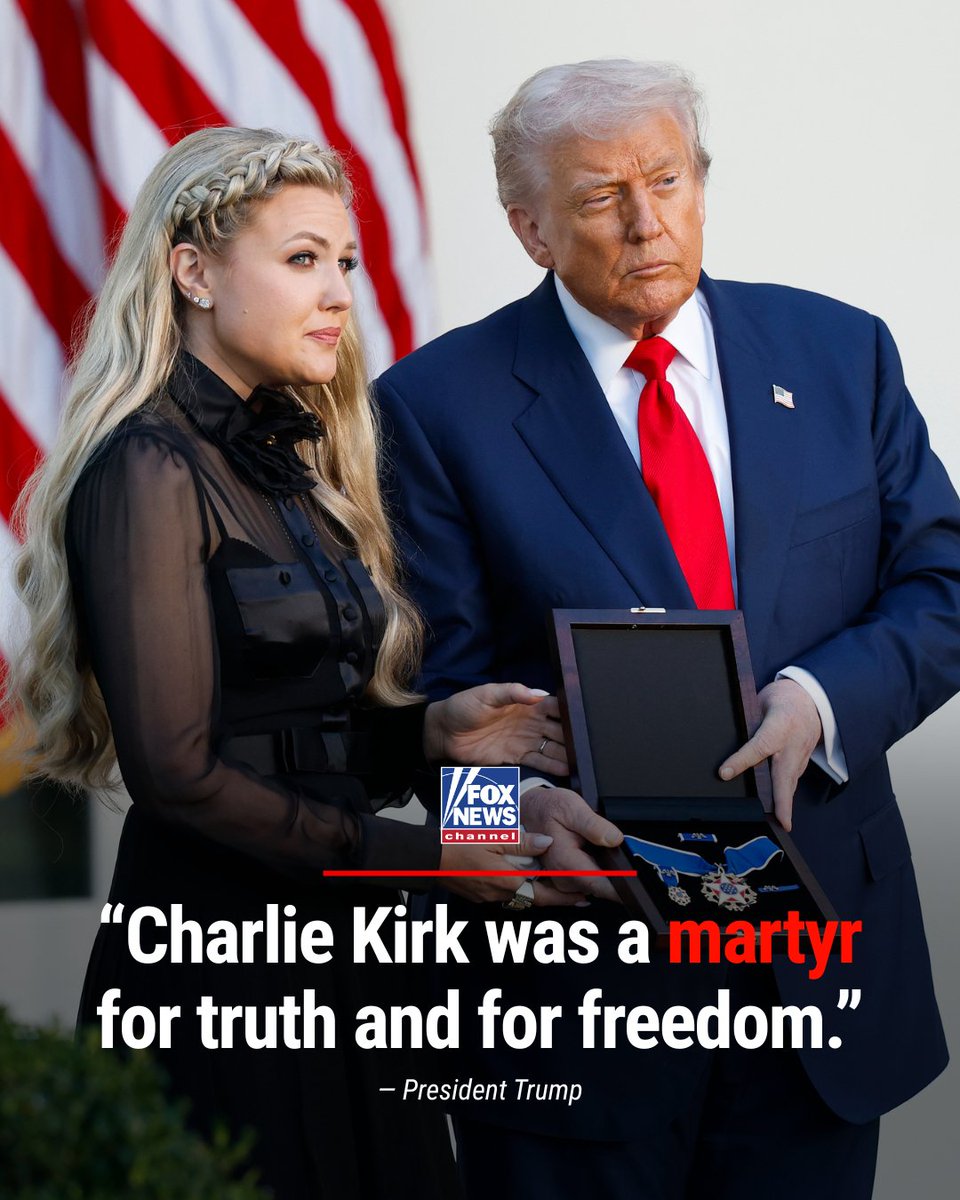 FoxNews's tweet image. President Trump honors Charlie Kirk's legacy before posthumously awarding him the Medal of Freedom at the White House.