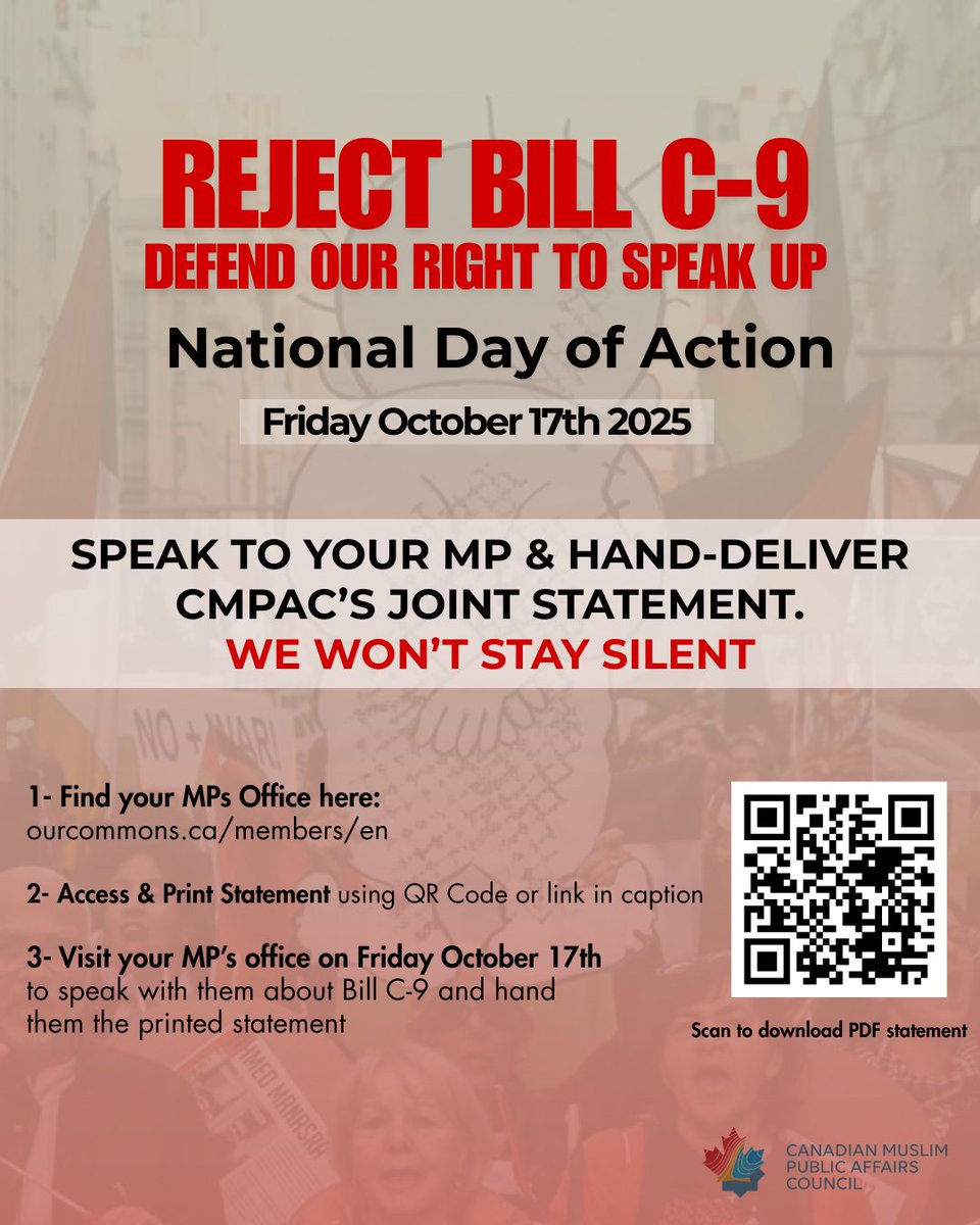 CMPAConline's tweet photo. Take Action: Stop Bill C-9
Bill C-9, the so-called Combatting Hate Act, is framed as protecting communities but in reality, it introduces vague and overbroad powers that expand policing and threaten our capacity to mobilize.
This week, we’re asking you to hand-deliver CMPAC’s joint statement rejecting Bill C-9 to your MP. Let them know: we will not stay silent while they attempt to criminalize our right to speak up. #cdnpoli
📍 How to Take Action:
1-Find your MP’s office → https://t.co/FVJM4EIZfZ
2- Access & print CMPAC’s statement → https://t.co/C5KCGgQp07
3- Visit your MP’s office Friday October 17 to speak with them about  Bill C9 and hand them the printed statement.