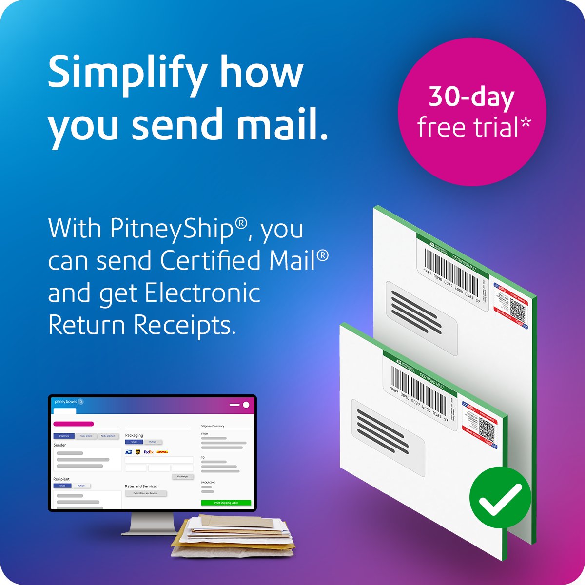 PitneyBowes's tweet image. Prepare, send, and track #CertifiedMail effortlessly. Send your #mail and get proof of delivery easily with electronic return receipts. spr.ly/6010Ax0qa #mailingsolutions