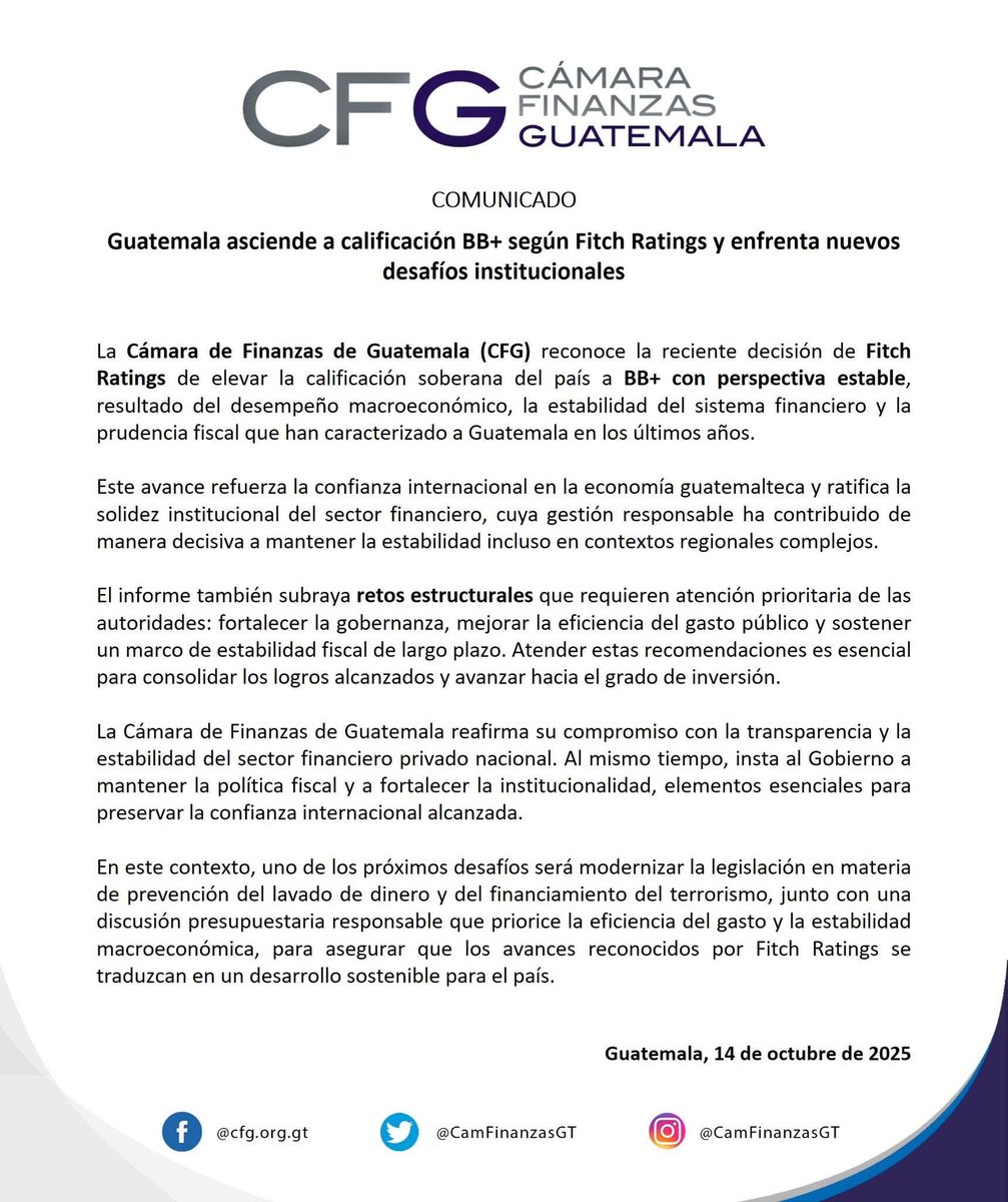 La Cámara de Finanzas de Guatemala (CFG) ante la reciente decisión de Fitch Ratings de elevar la calificación soberana del país: