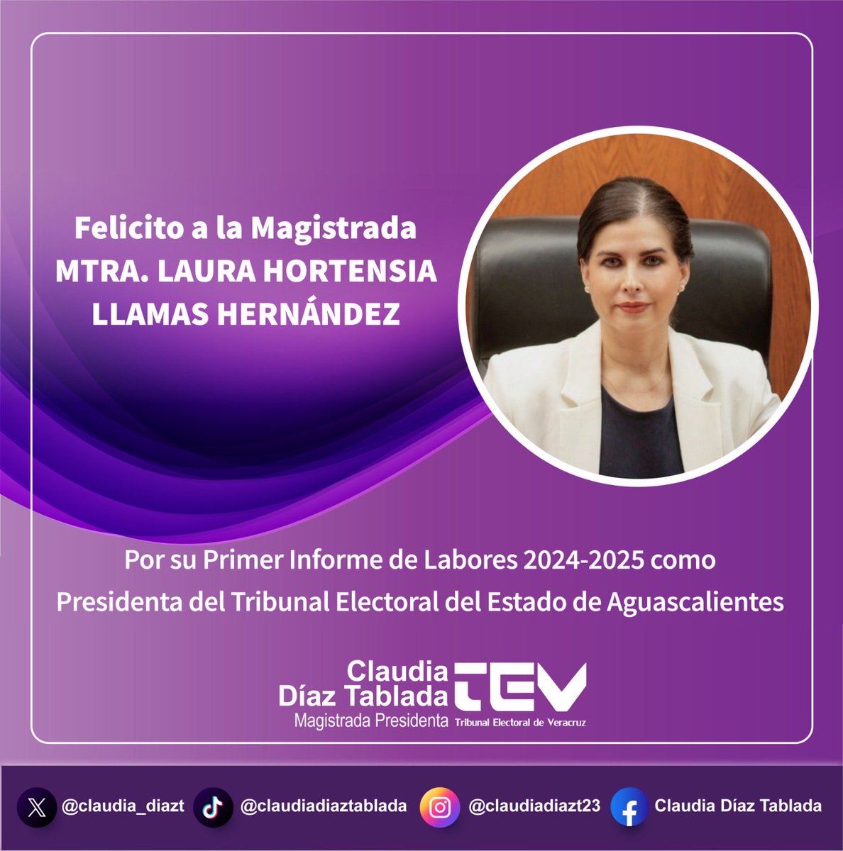 🟣 Felicito a la Magistrada Mtra. Laura Hortensia Llamas Hernández <a href="/LauraLlamasHer1/">Magda Laura Llamas</a> por su Primer Informe de Labores 2024-2025, como Presidenta del Tribunal Electoral del Estado de Aguascalientes <a href="/Teea_ags/">Tribunal Electoral del Estado de Aguascalientes</a>

¡Enhorabuena!