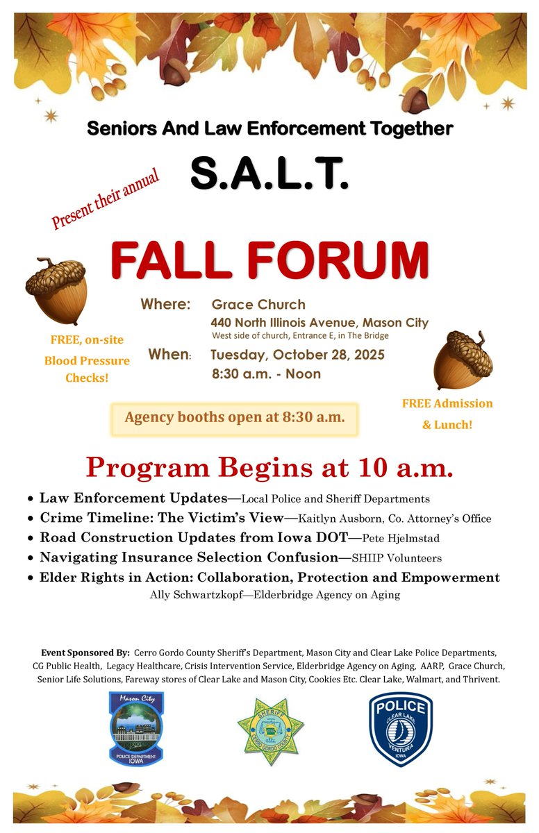 We are two weeks away from the Fall SALT Forum that will be held at Grace Church. Details on the flyer - please share with seniors you know who would enjoy the outing AND the information. Thank you to all the community members who help to make this possible!  2701