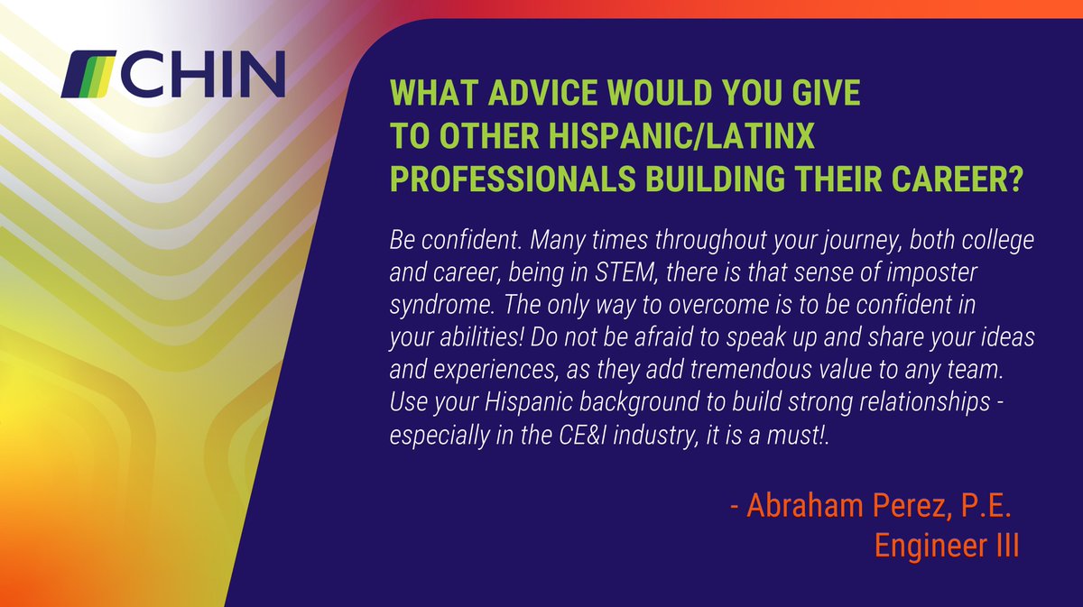 At CHIN, people power our work. This Hispanic Heritage Month we spotlight Abraham Perez, P.E., on our Transportation Team. He has led roadway and bridge projects for IDOT, the Illinois Tollway, and Plainfield. Thank you, Abraham! 
#HispanicHeritageMonth #CHINTeam #StaffSpotlight