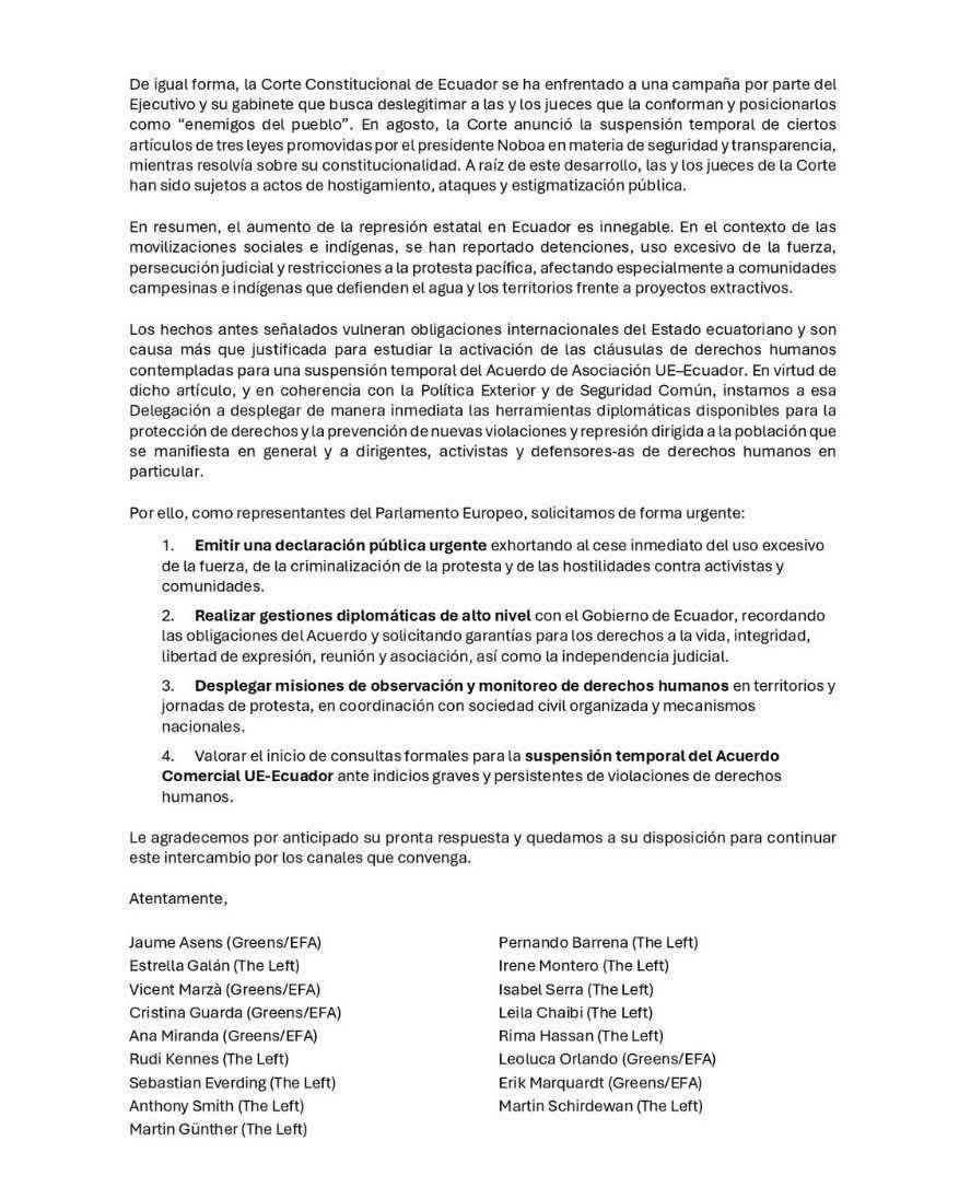 Representantes del Parlamento Europeo están preocupados por la represión y criminalización de defensores de derechos humanos en Ecuador durante el #ParoNacional2025
Solicita a la Unión Europea emitir una declaración pública urgente para pedir el cese del uso excesivo de la fuerza