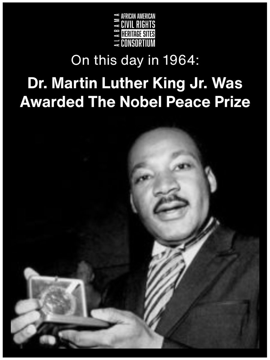 AAACRHSC's tweet photo. On this day in 1964, Dr. Martin Luther King Jr. became the youngest person ever to receive the Nobel Peace Prize. The honor recognized his steadfast leadership in confronting racial injustice through nonviolent resistance and moral courage.

King’s award marked a turning point in the global struggle for human rights—affirming that the movement for equality in the American South was not just a local fight, but a universal call for freedom and dignity.

At the Alabama African American Civil Rights Heritage Sites Consortium, we preserve the churches, homes, and community spaces where that call for justice took shape. From Birmingham to Montgomery to Selma, these sacred sites remind us that change begins when ordinary people unite behind extraordinary purpose.

Learn more at: https://t.co/suw7FQ6UX3
Support our mission: https://t.co/jG7APZmfiv
Watch more on our YouTube page: https://t.co/5t0NZHZyuq
Explore our Stayed on Freedom podcast on Apple, Spotify, and YouTube.