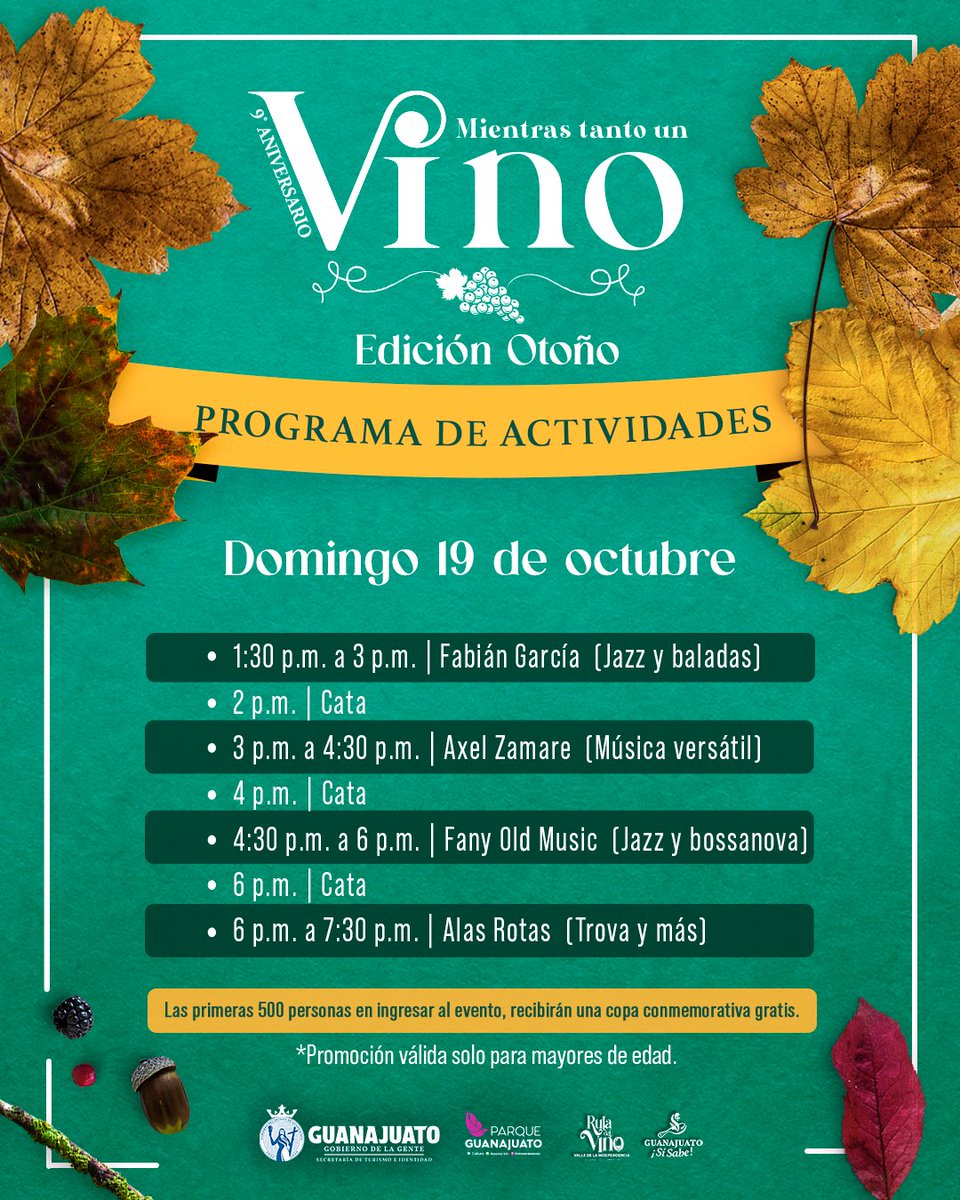 🍁 Conoce el programa de actividades de la edición especial de otoño de Mientras Tanto un Vino 🍷🧀 en Parque Guanajuato Bicentenario.

🍇 Disfruta bodegas locales, maridajes, música en vivo y el mejor ambiente otoñal.

📅 18 y 19 de octubre 
🎟 Acceso general | $120