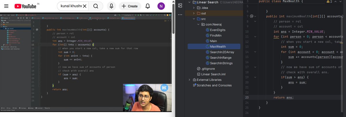 NeerajMishr12's tweet image. 🚀 Day 18/100 – Linear Search Grind 🔍

✅ Continued Linear Search
✅ Solved Max Wealth &amp;amp; Even Digits (optimized ⚡)
✅ Quick dive into Time Complexity

Pushing myself a bit more each day — slow but steady 💪

#100DaysOfCode #Java #DSA #LeetCode #buildinpublic