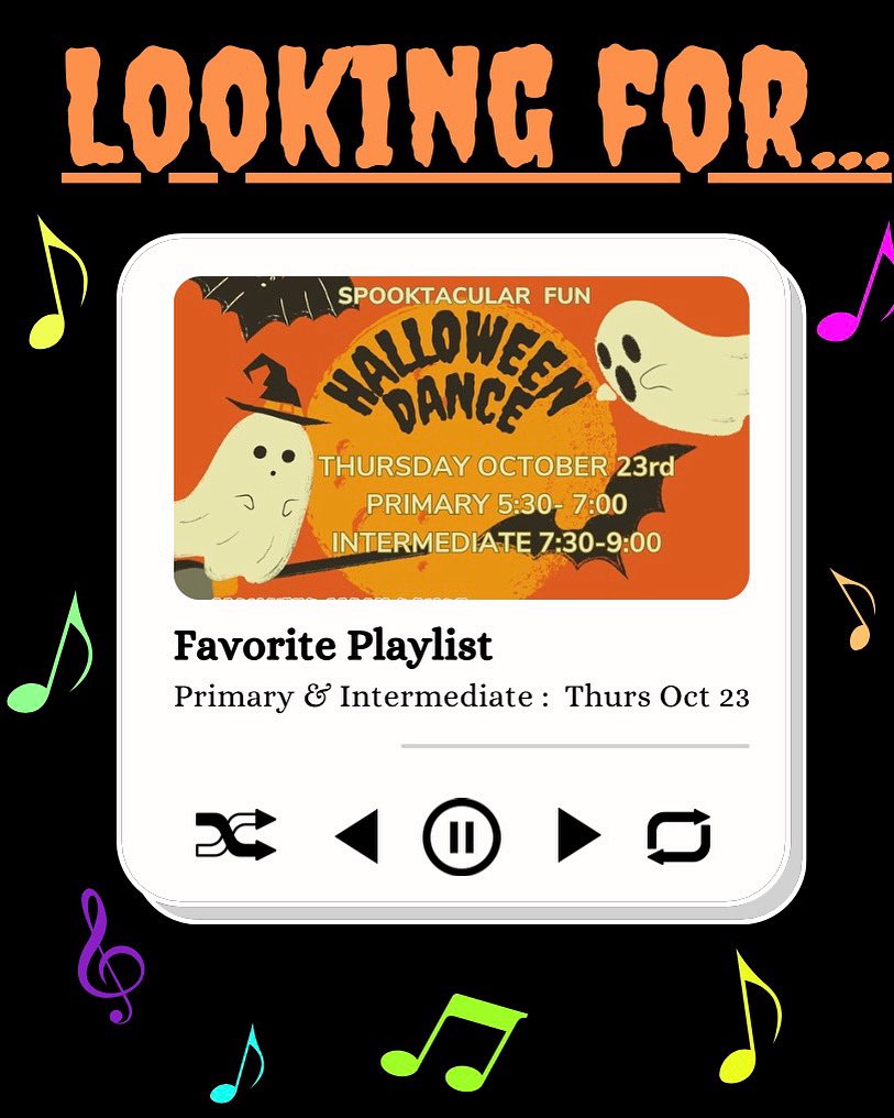 The Halloween dance is coming up quick! 🎶 Ask your kids and send us song suggestions so we can make sure we play them at the dance 🕺 Make sure to note if the request is for the primary or intermediate dance 🪩

🖐️We need volunteers:
m.signupgenius.com/#!/showSignUp/…