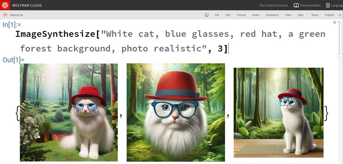 danielscarvalho's tweet image. Wolfram Notebook Assistant:

ImageSynthesize[&quot;White cat, blue glasses, red hat, a green forest background, photo realistic&quot;, 3]

reference.wolfram.com/language/ref/I… #llm #code #dev #wolframlanguage