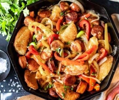 java_karla's tweet image. Tonight&apos;s dinner courtesy of Cast Iron Keto: Kielbasa Pierogi Skillet 
#twittersupperclub #ketoish