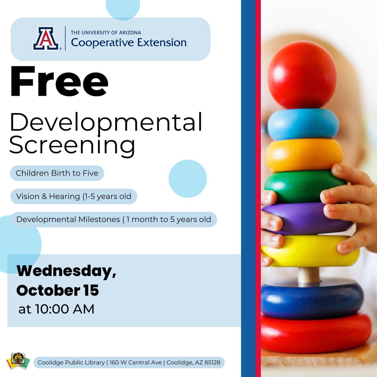Calling all parents and caregivers! Ensure your child's healthy development with free sensory and developmental screenings by U of A Cooperative Extension. For children ages birth to 5, it's a chance to receive valuable assessments and a free book.