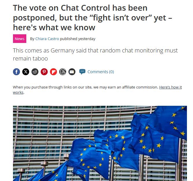 Aujourd'hui l'UE devait pousser au vote de ChatControl et ils se sont ramassés😆

Ils ont fini par reporter le vote et ça c'est grâce à VOUS et aux millions de gens qui en ont parlé depuis des mois et alerté leurs députés

Si vous voulez rire, Sarah Knafo essaye de s'attribuer